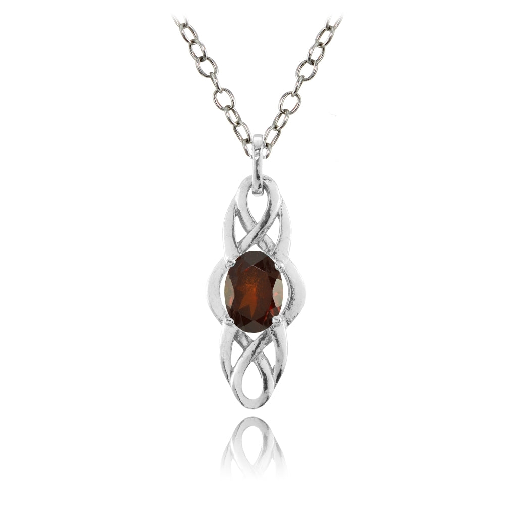 Sterling Silver Garnet Celtic Knot Oval Drop Necklace