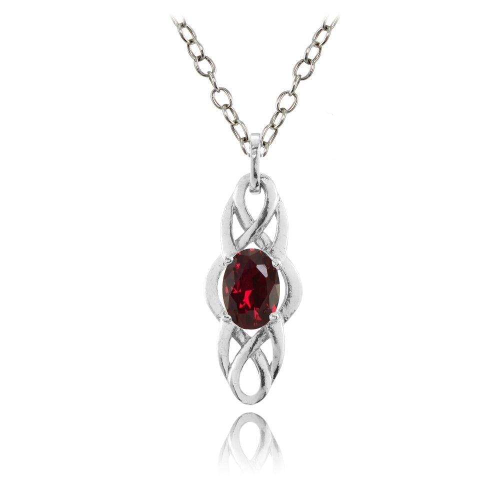Sterling Silver Created Ruby Celtic Knot Oval Drop Necklace