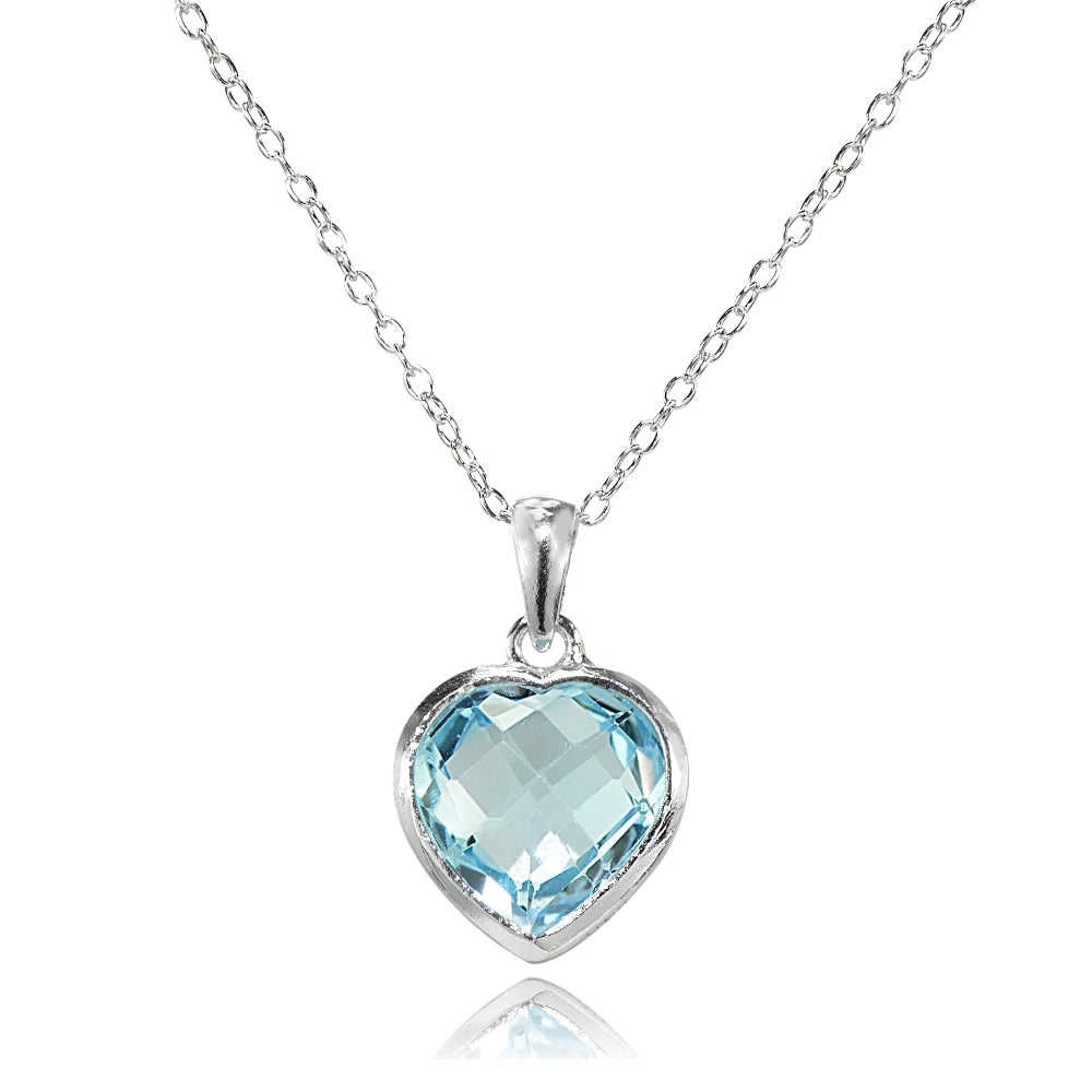 Sterling Silver Blue Topaz 10mm Bezel-Set Heart Pendant Necklace