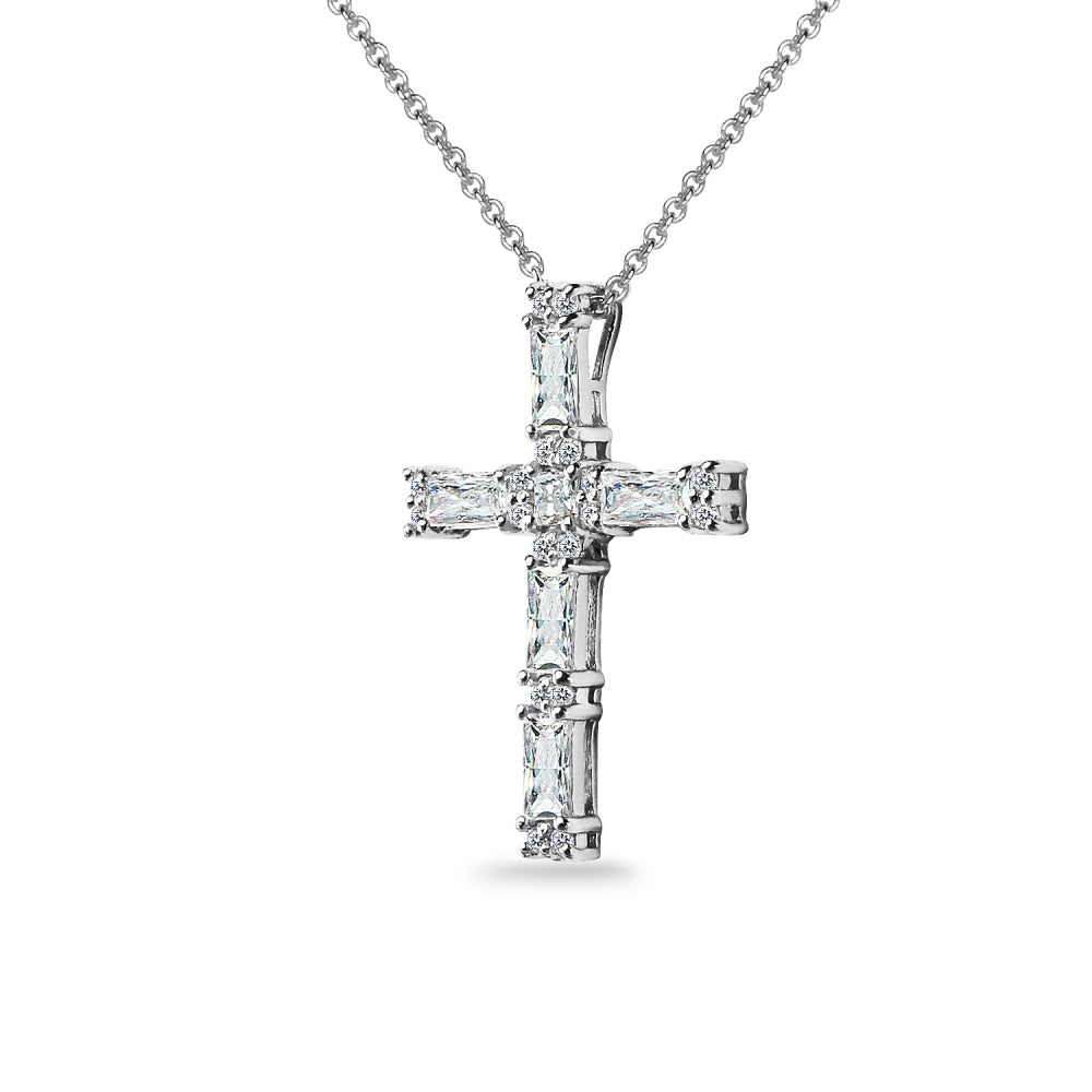 Sterling Silver Baguette-cut Cross Necklace Made with Swarovski Zirconia-3