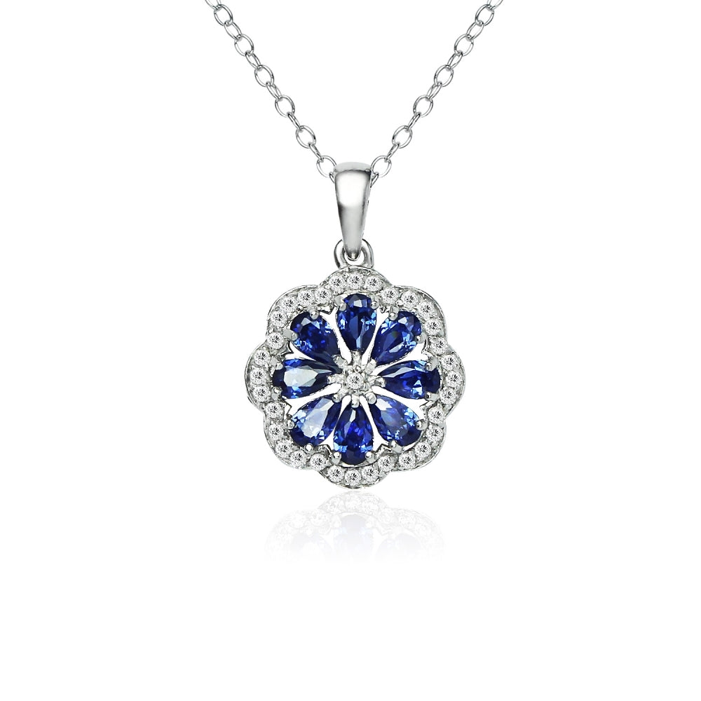 Sterling Silver Blue Cubic Zirconia Teardrop Flower Necklace