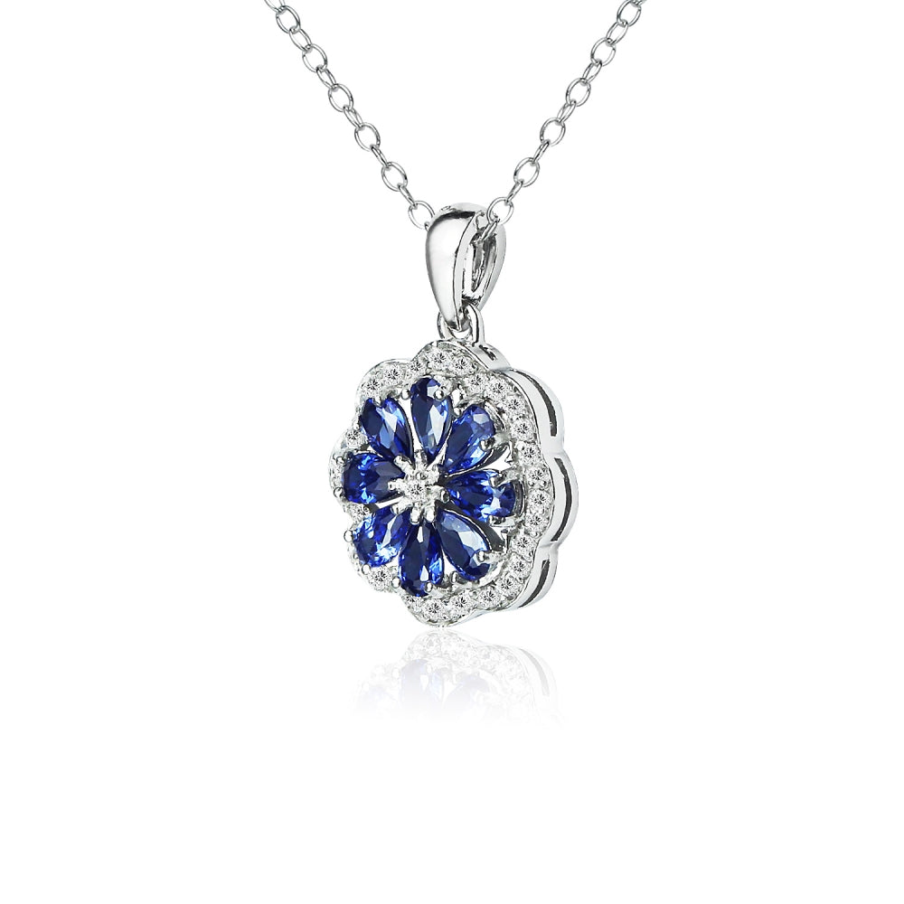Sterling Silver Blue Cubic Zirconia Teardrop Flower Necklace-2