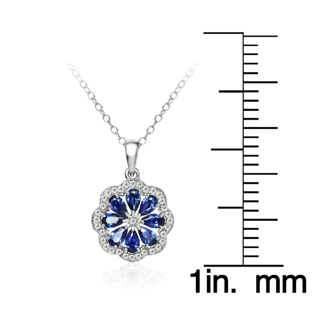 Sterling Silver Blue Cubic Zirconia Teardrop Flower Necklace-4