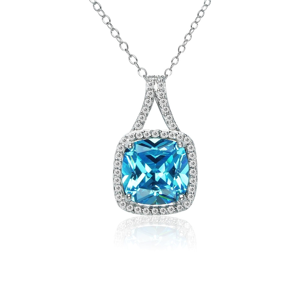 Sterling Silver Light Blue Cubic Zirconia 10mm Cushion-cut Halo Split Shank Necklace