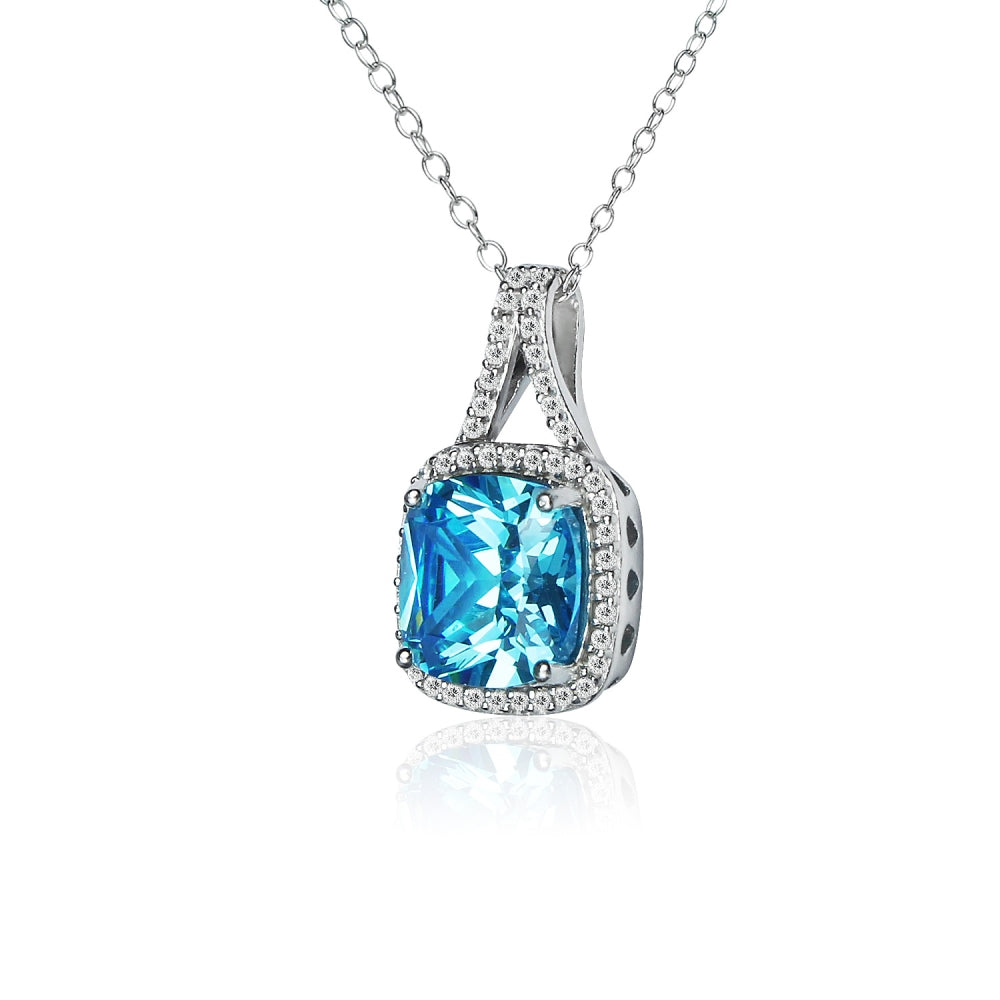 Sterling Silver Light Blue Cubic Zirconia 10mm Cushion-cut Halo Split Shank Necklace-2