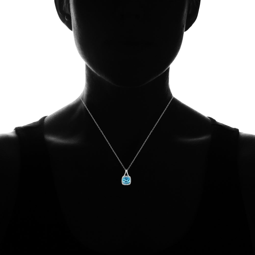Sterling Silver Light Blue Cubic Zirconia 10mm Cushion-cut Halo Split Shank Necklace-3