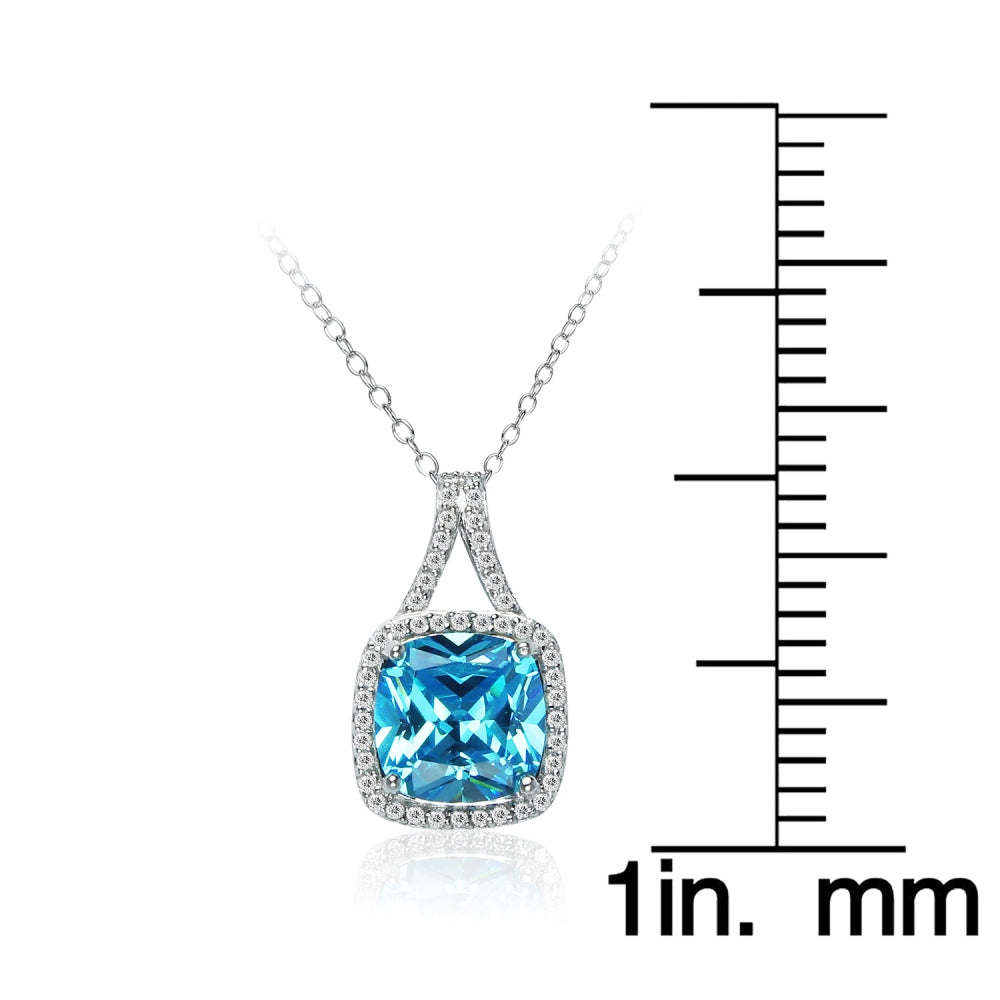 Sterling Silver Light Blue Cubic Zirconia 10mm Cushion-cut Halo Split Shank Necklace-4
