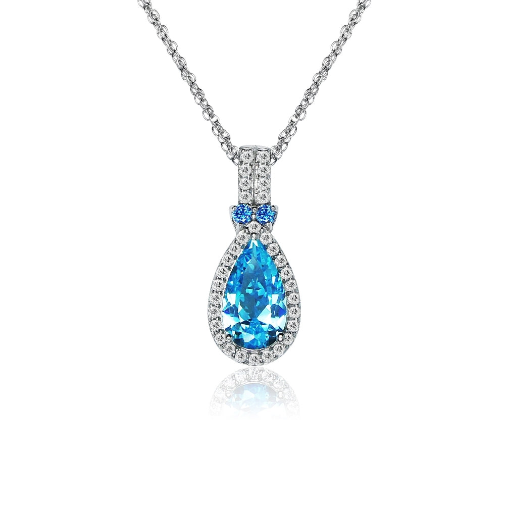 Sterling Silver Light Blue Cubic Zirconia Teardrop Halo Necklace