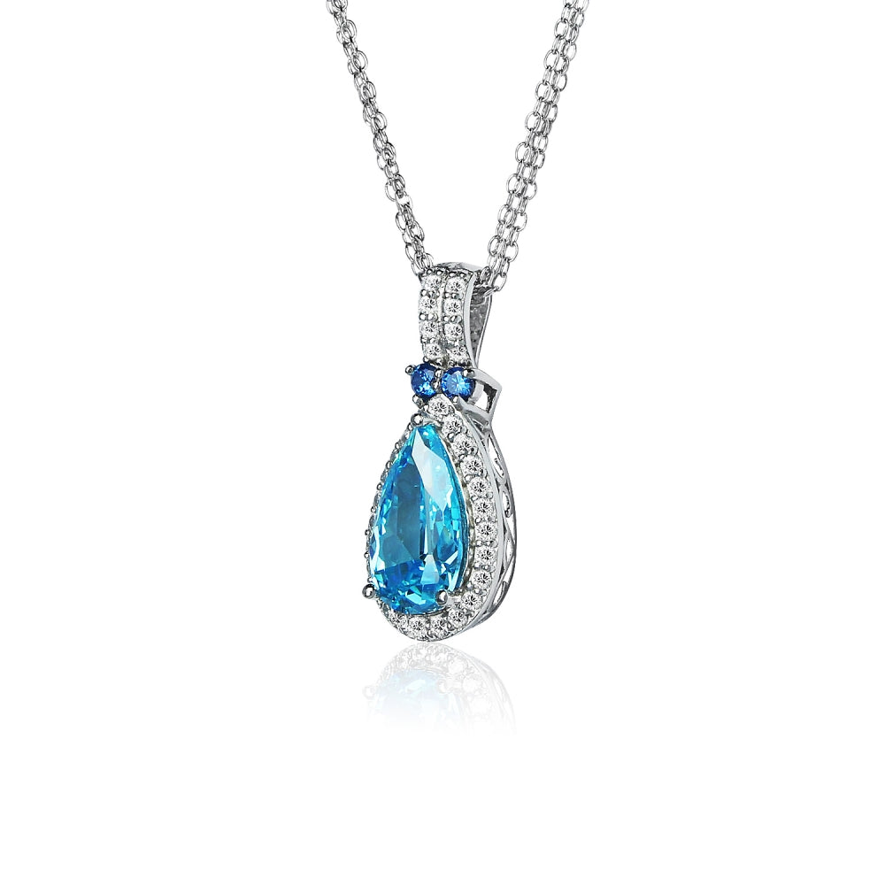 Sterling Silver Light Blue Cubic Zirconia Teardrop Halo Necklace-2