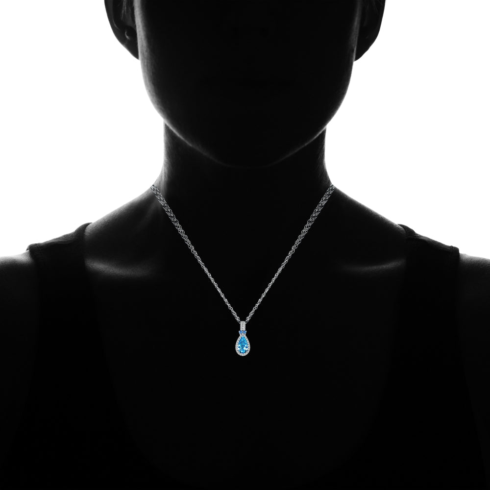 Sterling Silver Light Blue Cubic Zirconia Teardrop Halo Necklace-3