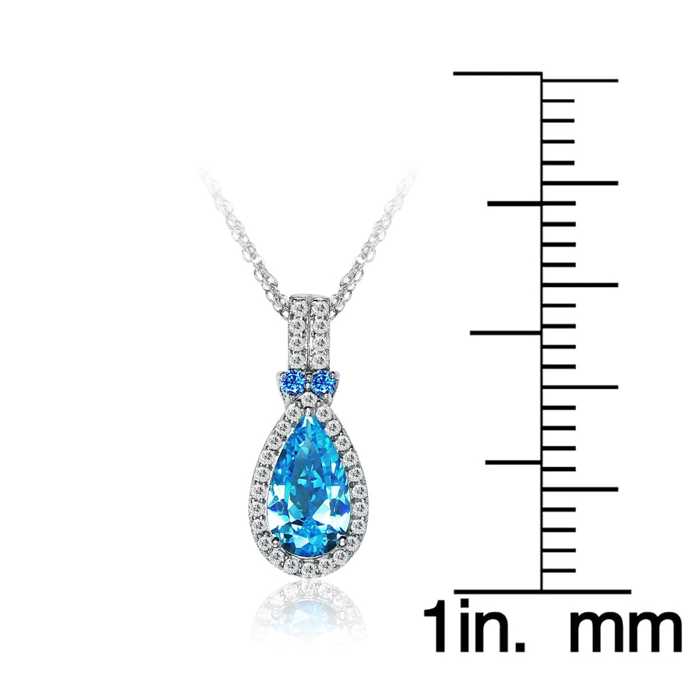Sterling Silver Light Blue Cubic Zirconia Teardrop Halo Necklace-4