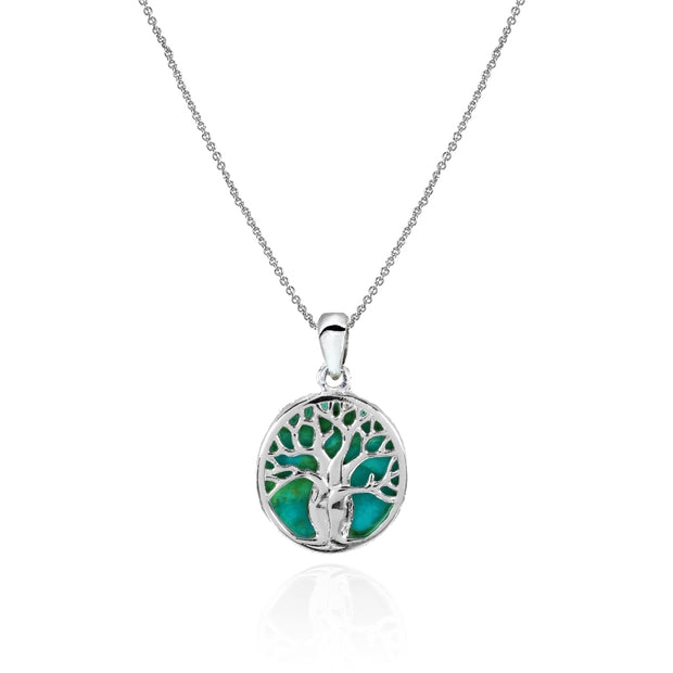 Sterling Silver Created Turquoise Polished Tree of Life Pendant Necklace