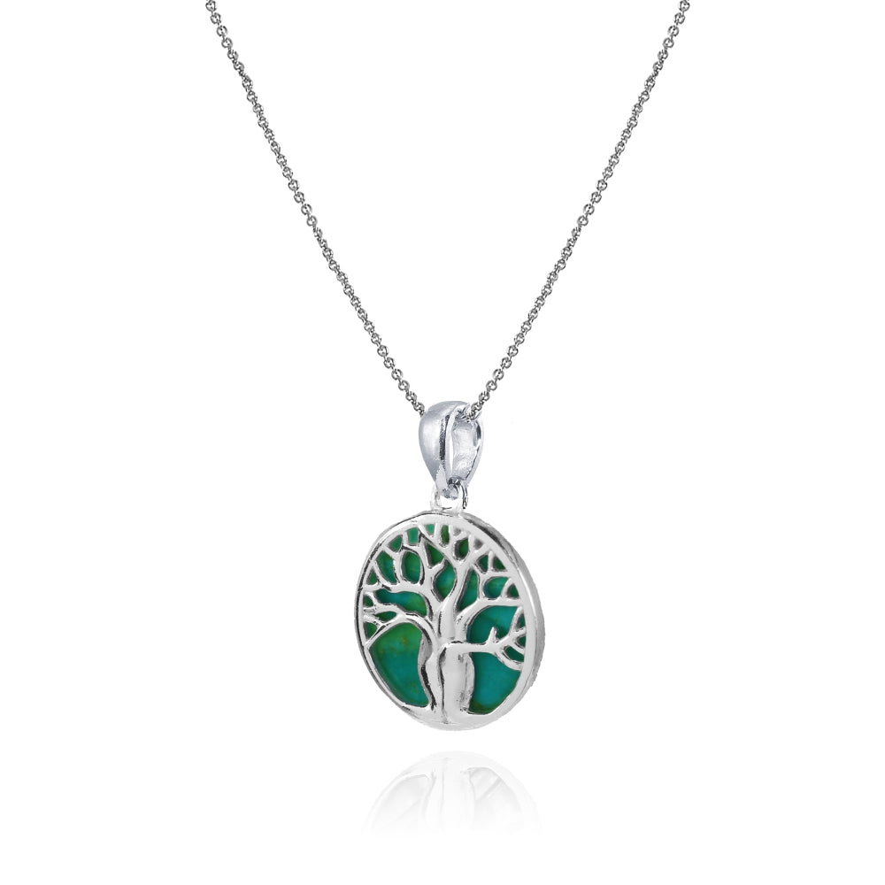 Sterling Silver Created Turquoise Polished Tree of Life Pendant Necklace-2
