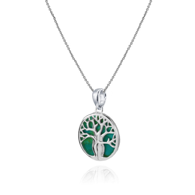 Sterling Silver Created Turquoise Polished Tree of Life Pendant Necklace