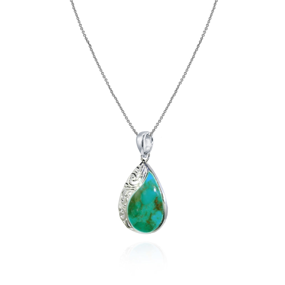 Sterling Silver Created Turquoise Filigree Teardrop Pendant Necklace-2