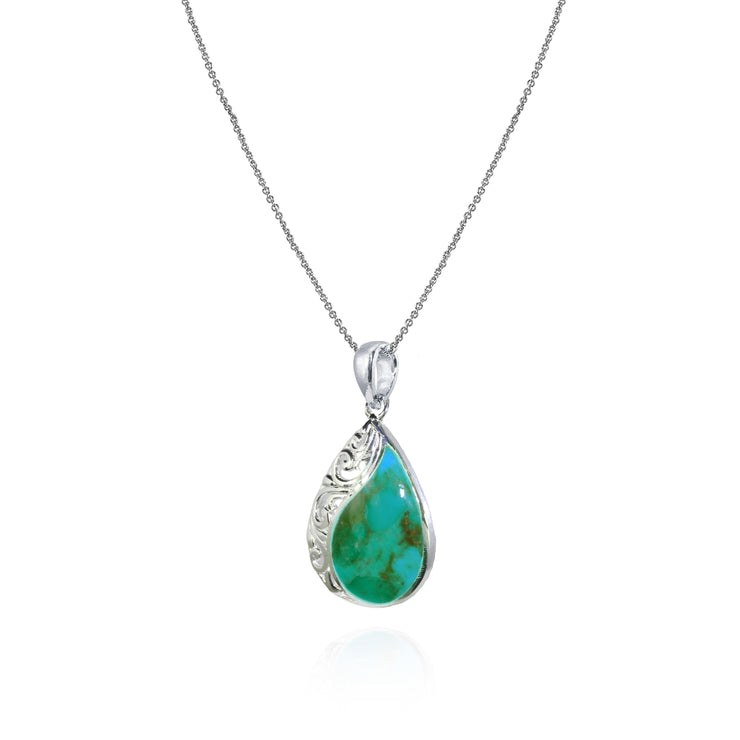 Sterling Silver Created Turquoise Filigree Teardrop Pendant Necklace