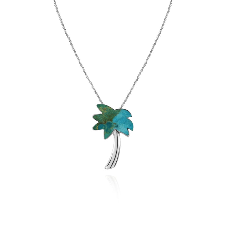 Sterling Silver Created Turquoise Polished Palm Tree Slide Pendant Necklace