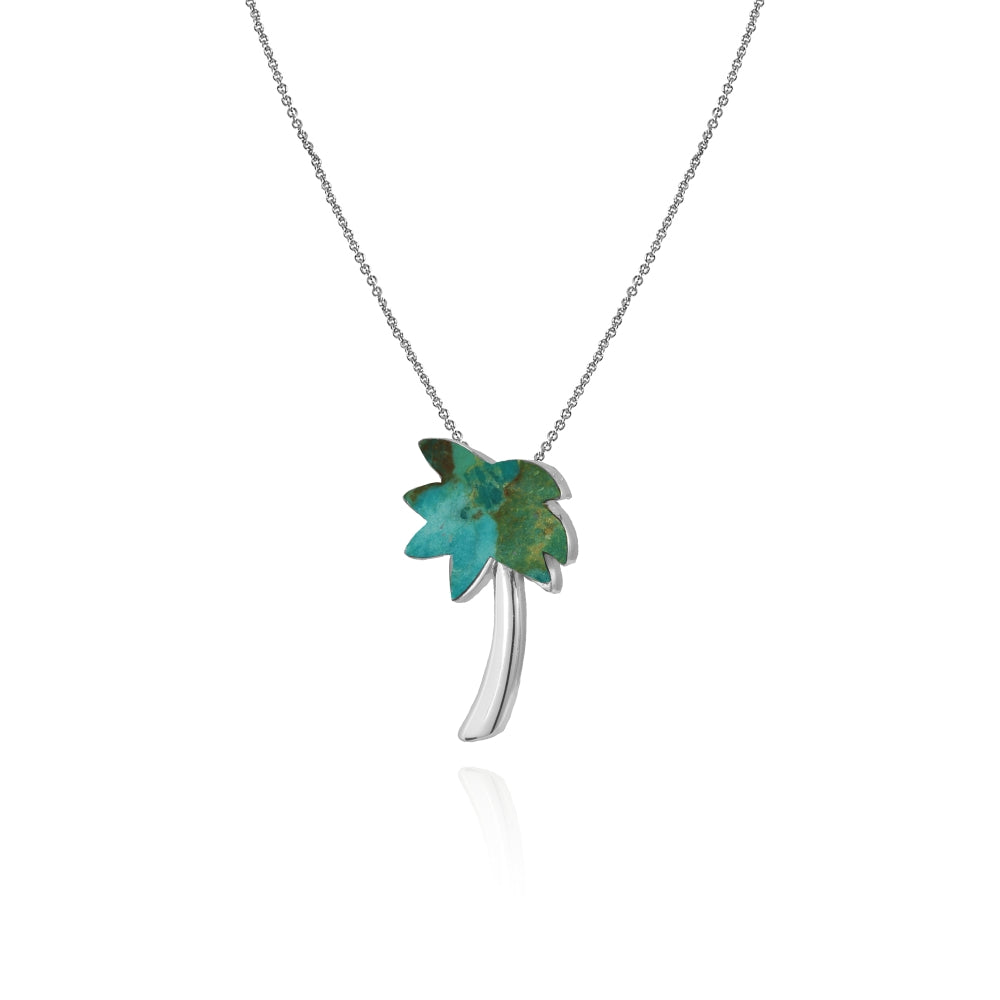 Sterling Silver Created Turquoise Polished Palm Tree Slide Pendant Necklace-2