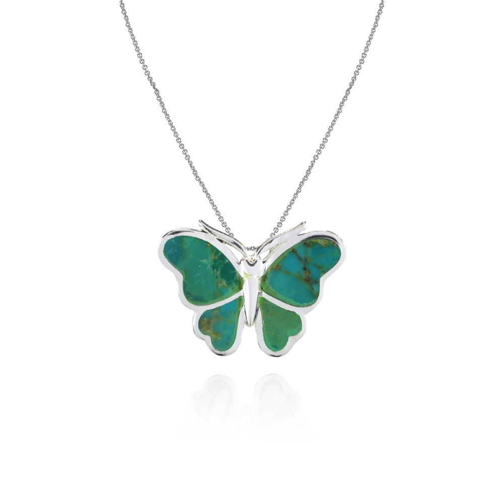 Sterling Silver Created Turquoise Polished Slide Butterfly Pendant Necklace