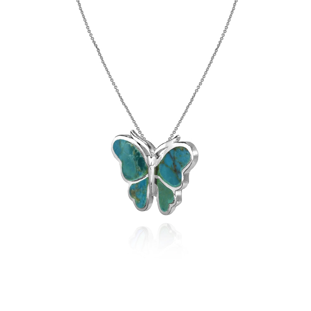 Sterling Silver Created Turquoise Polished Slide Butterfly Pendant Necklace-2