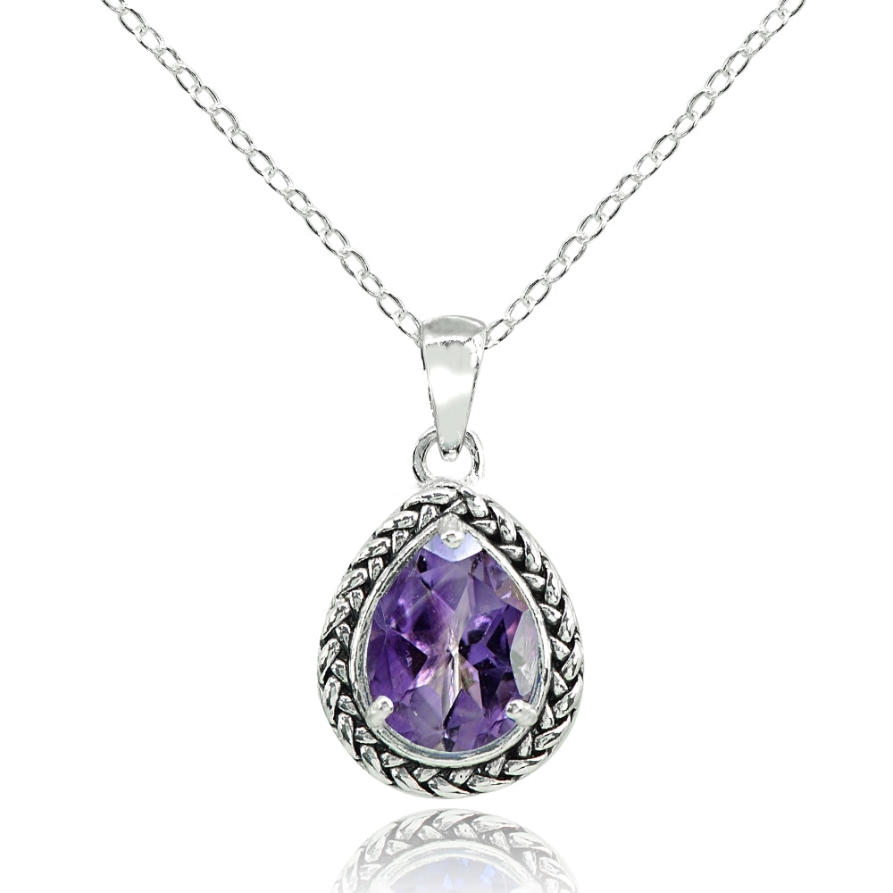 Sterling Silver Amethyst Pear-Cut Oxidized Rope Pendant Necklace