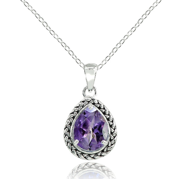 Sterling Silver Amethyst Pear-Cut Oxidized Rope Pendant Necklace