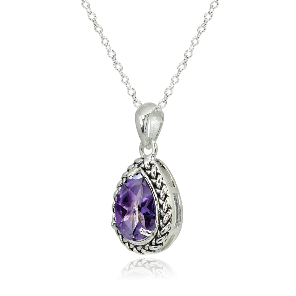 Sterling Silver Amethyst Pear-Cut Oxidized Rope Pendant Necklace-2