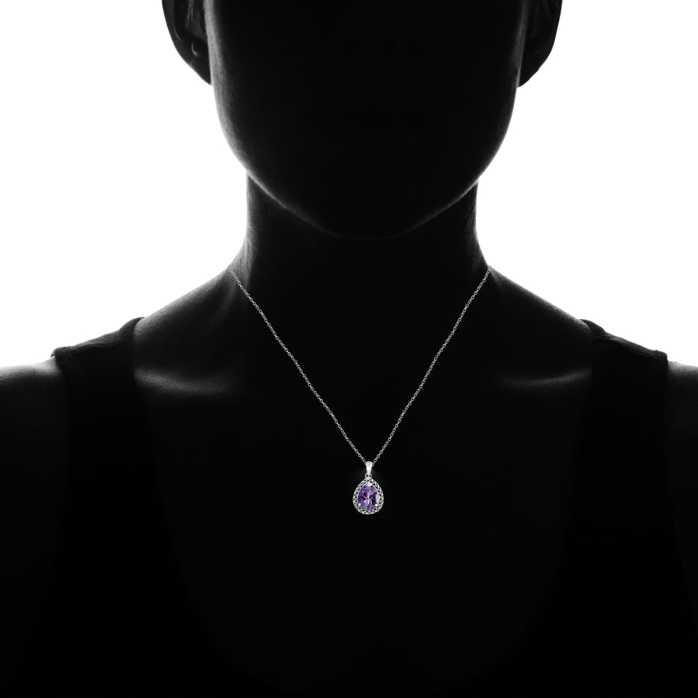 Sterling Silver Amethyst Pear-Cut Oxidized Rope Pendant Necklace-3