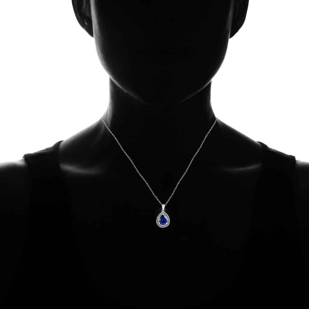 Sterling Silver Created Blue Sapphire Pear-Cut Oxidized Rope Pendant Necklace-3