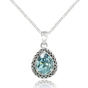Sterling Silver Blue Topaz Pear-Cut Oxidized Rope Pendant Necklace