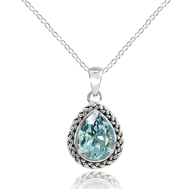 Sterling Silver Blue Topaz Pear-Cut Oxidized Rope Pendant Necklace