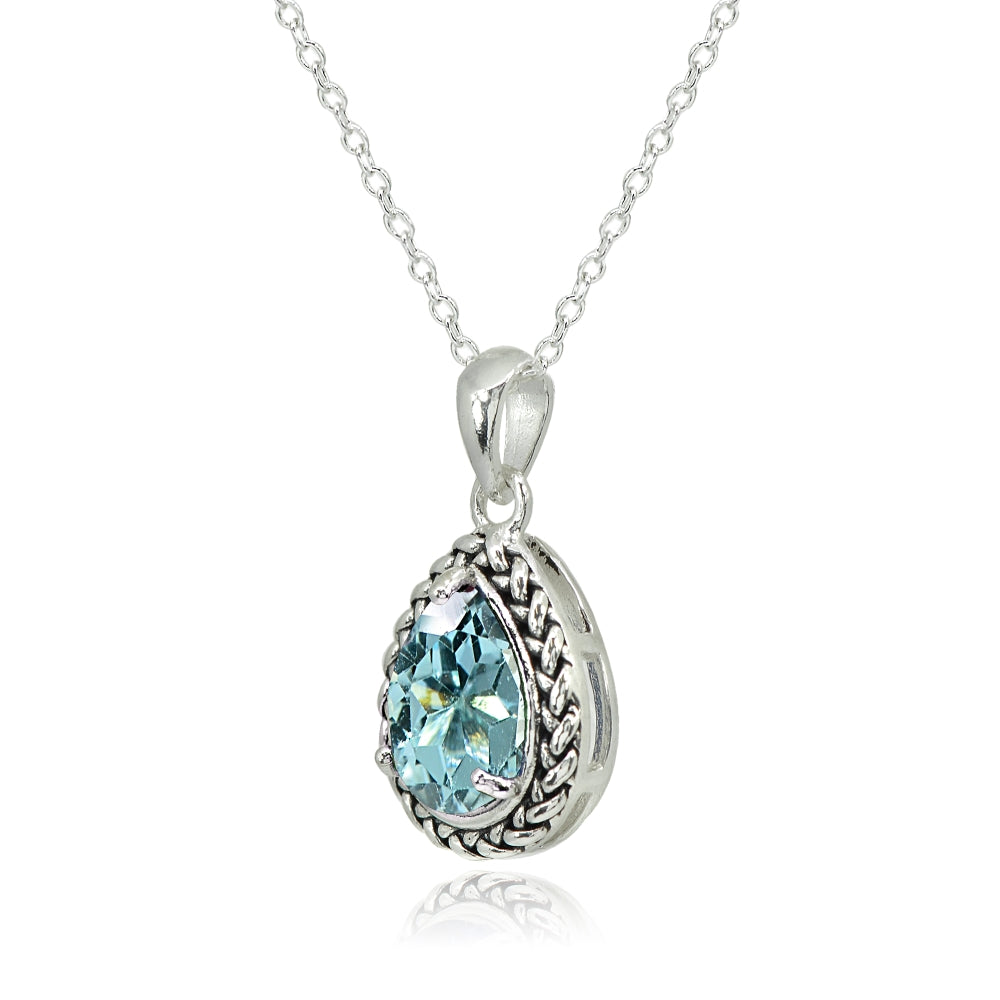 Sterling Silver Blue Topaz Pear-Cut Oxidized Rope Pendant Necklace-2