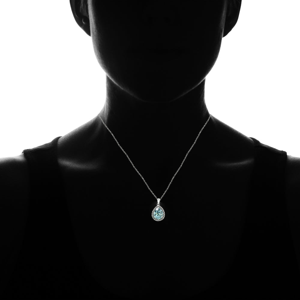 Sterling Silver Blue Topaz Pear-Cut Oxidized Rope Pendant Necklace-3