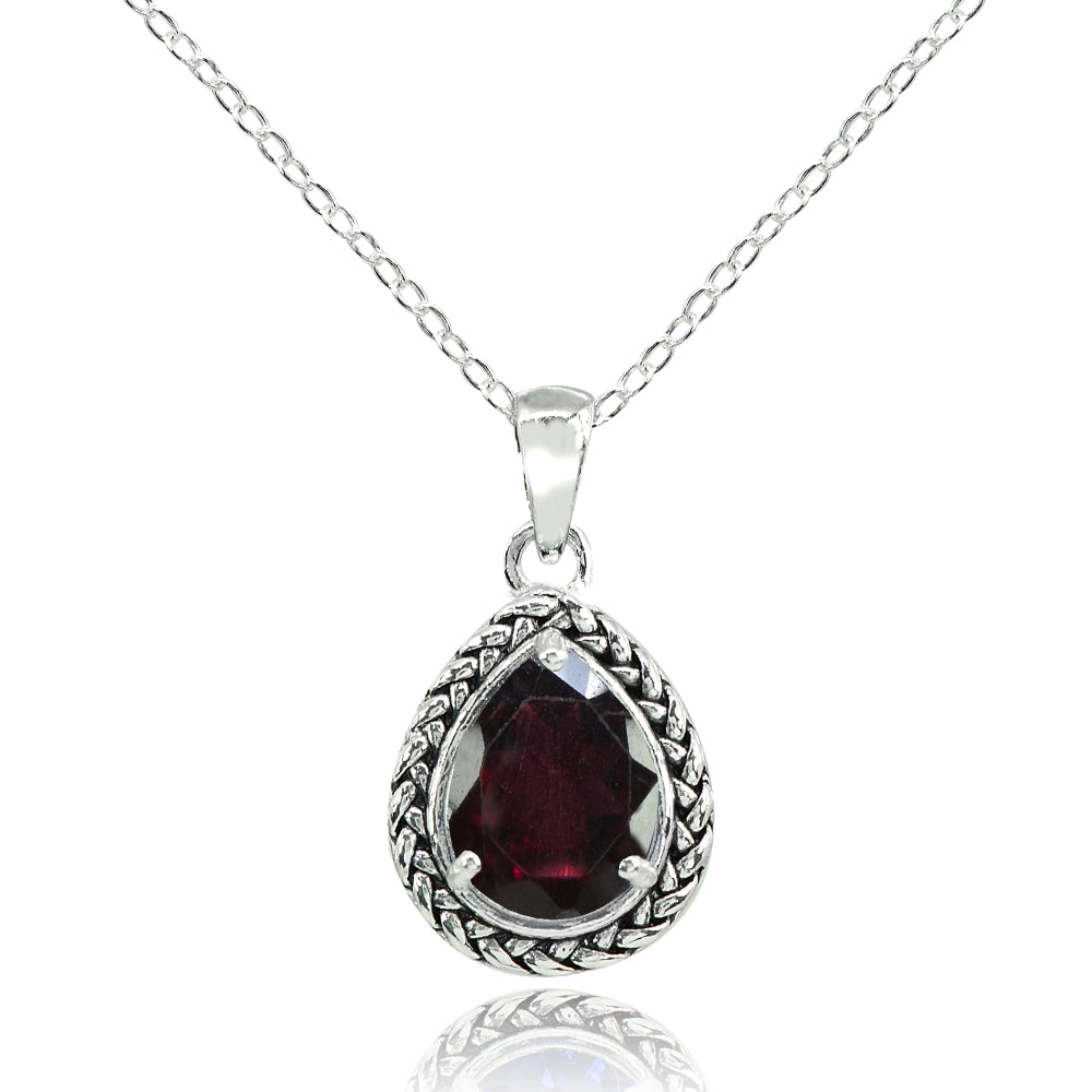Sterling Silver Garnet Pear-Cut Oxidized Rope Pendant Necklace