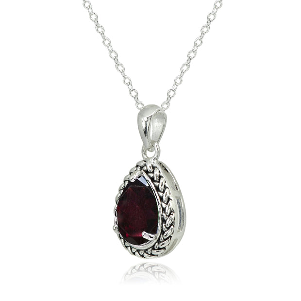 Sterling Silver Garnet Pear-Cut Oxidized Rope Pendant Necklace