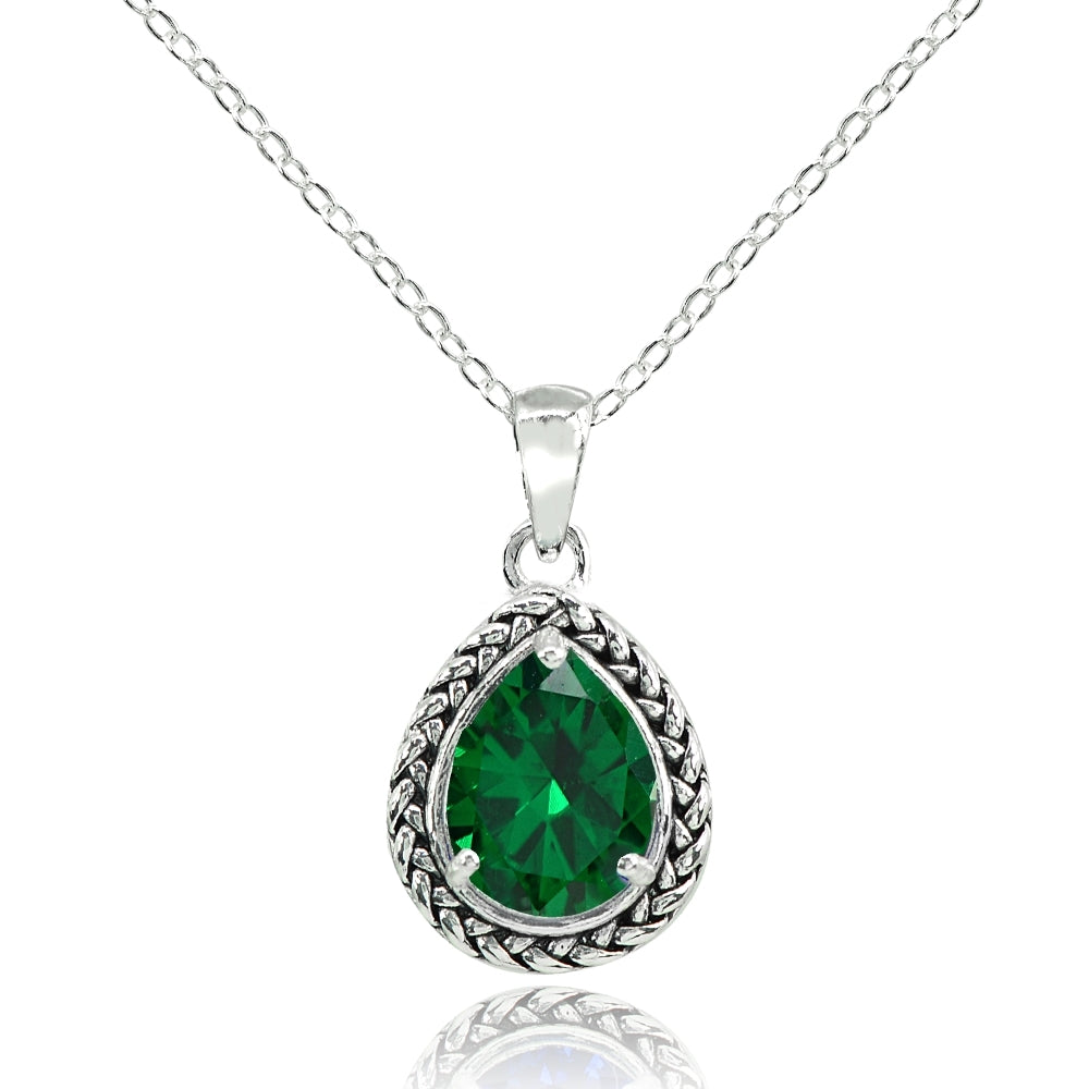 Sterling Silver Simulated Emerald Pear-Cut Oxidized Rope Pendant Necklace