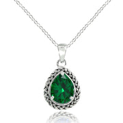 Sterling Silver Simulated Emerald Pear-Cut Oxidized Rope Pendant Necklace