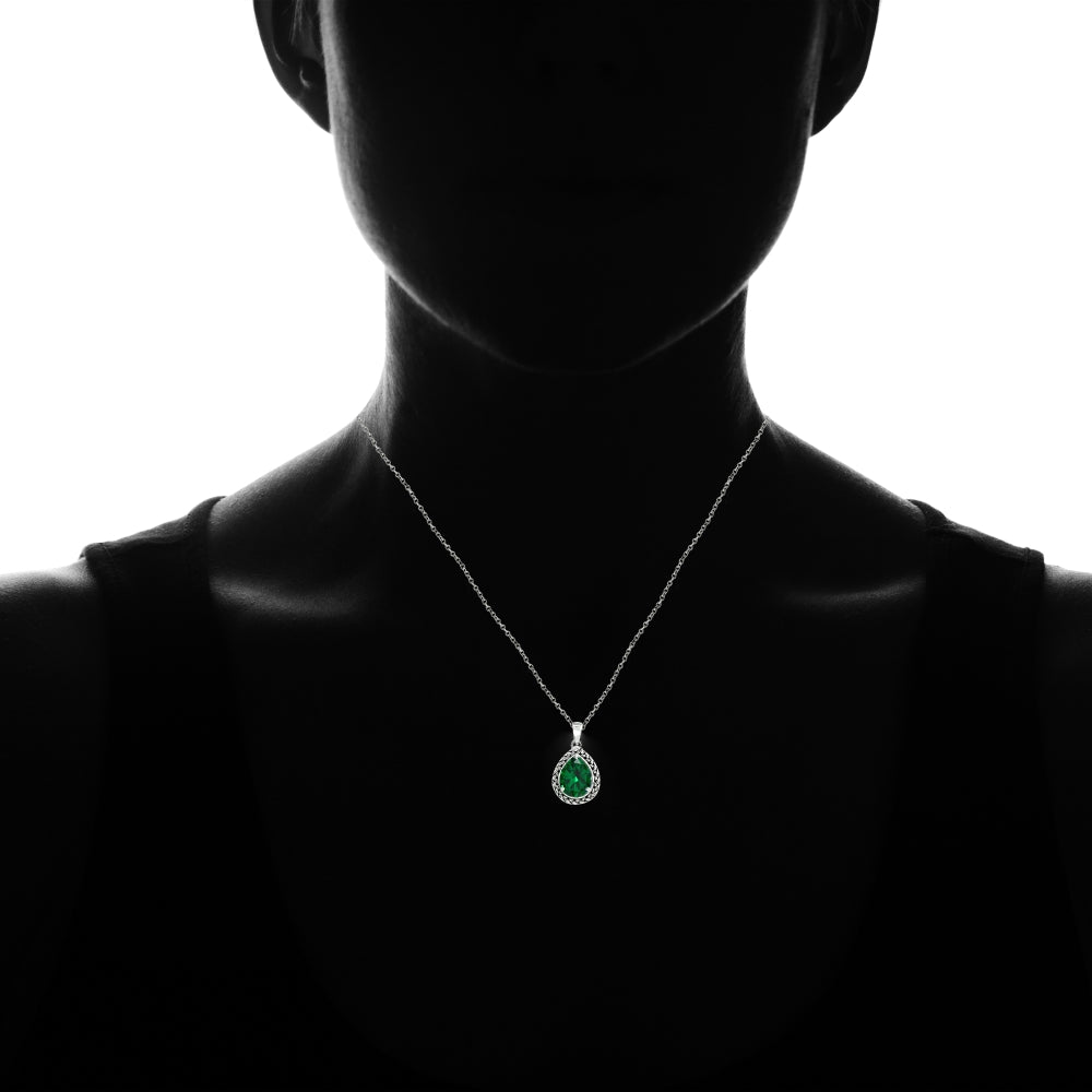 Sterling Silver Simulated Emerald Pear-Cut Oxidized Rope Pendant Necklace-3