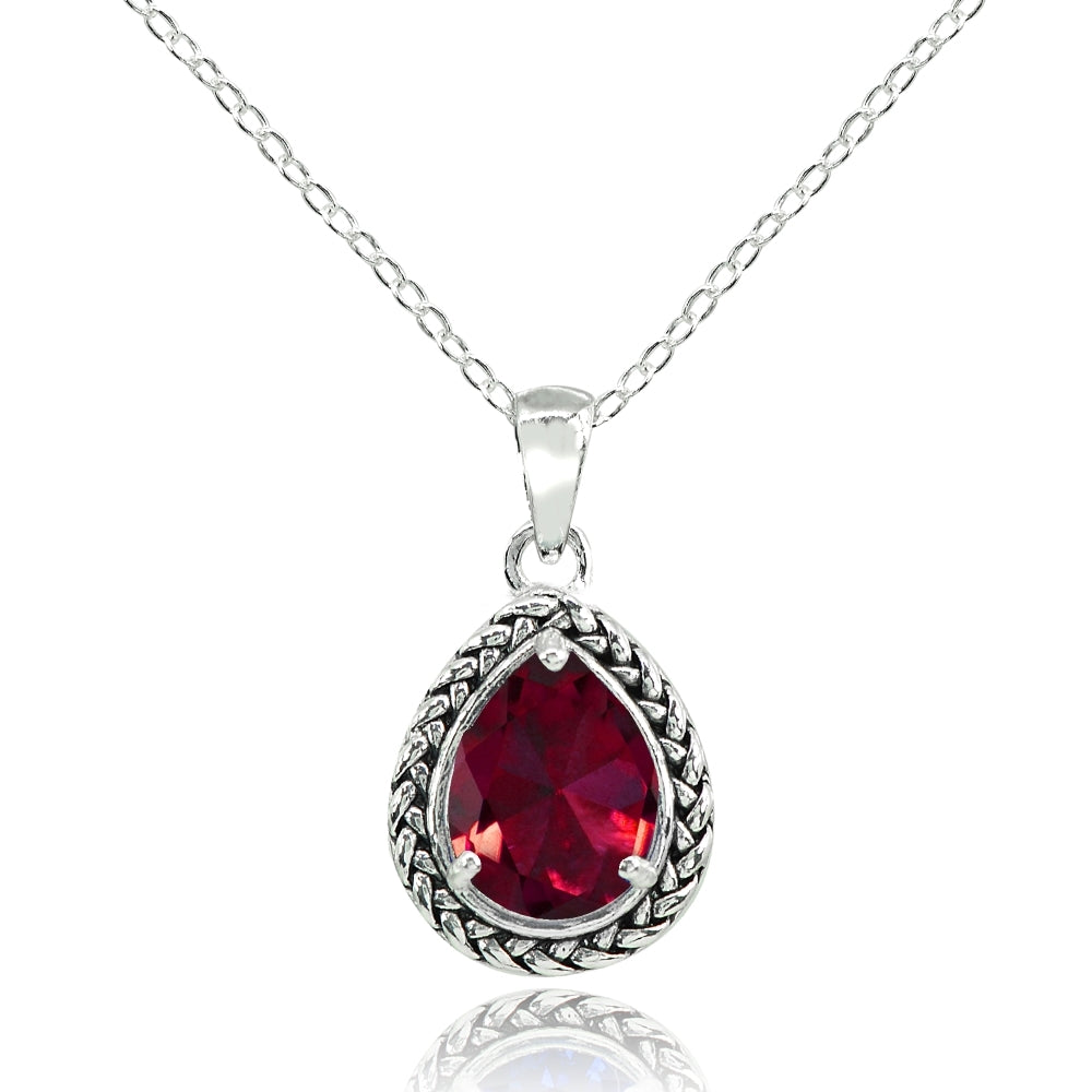 Sterling Silver Created Ruby Pear-Cut Oxidized Rope Pendant Necklace