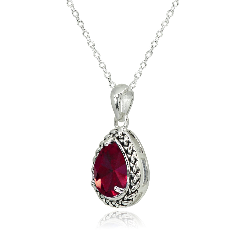 Sterling Silver Created Ruby Pear-Cut Oxidized Rope Pendant Necklace-2