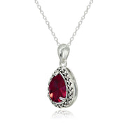 Sterling Silver Created Ruby Pear-Cut Oxidized Rope Pendant Necklace