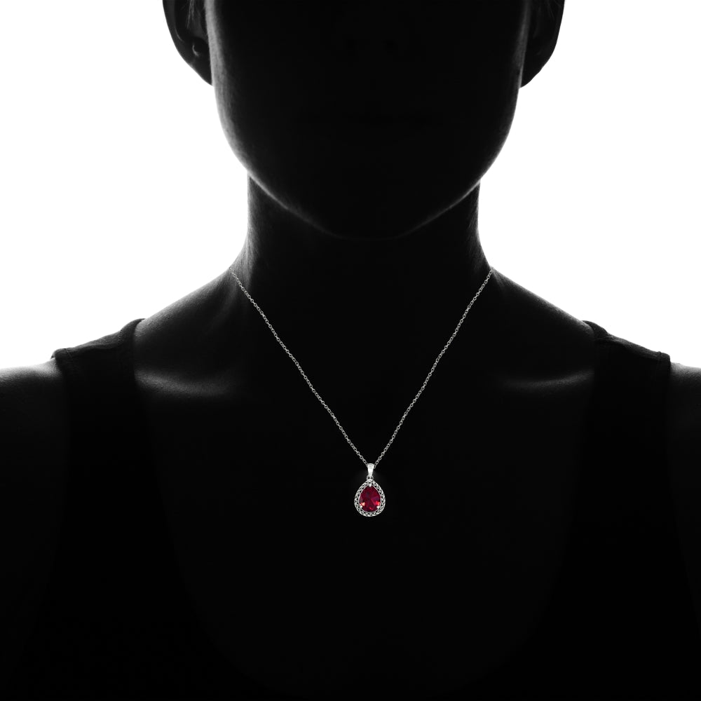Sterling Silver Created Ruby Pear-Cut Oxidized Rope Pendant Necklace-3