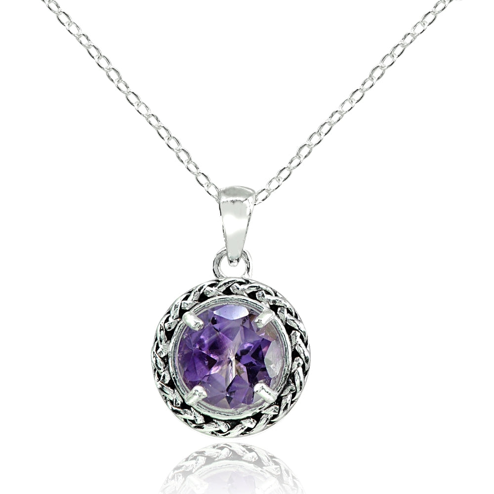 Sterling Silver Amethyst Round Oxidized Rope Pendant Necklace