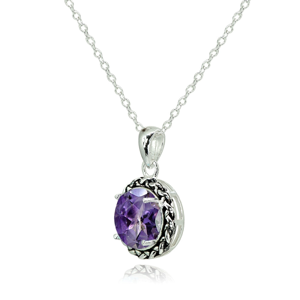 Sterling Silver Amethyst Round Oxidized Rope Pendant Necklace-2