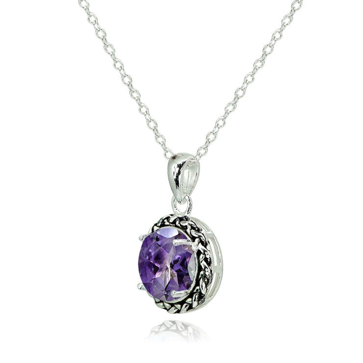 Sterling Silver Amethyst Round Oxidized Rope Pendant Necklace