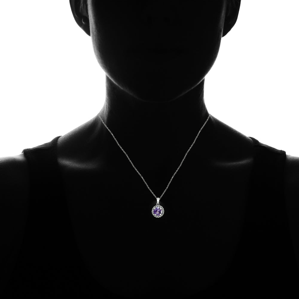 Sterling Silver Amethyst Round Oxidized Rope Pendant Necklace-3