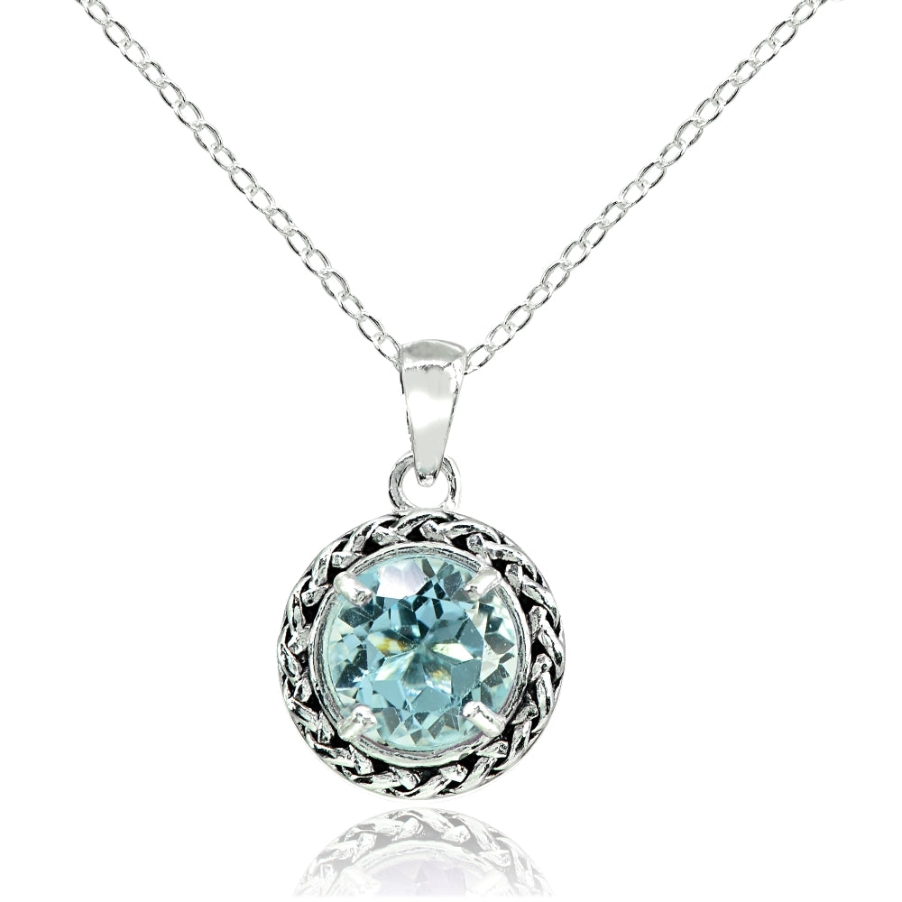 Sterling Silver Blue Topaz Round Oxidized Rope Pendant Necklace