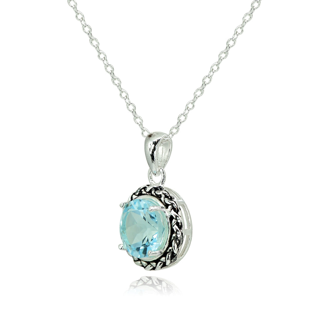 Sterling Silver Blue Topaz Round Oxidized Rope Pendant Necklace-2