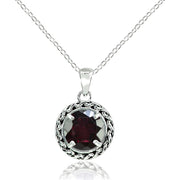 Sterling Silver Garnet Round Oxidized Rope Pendant Necklace