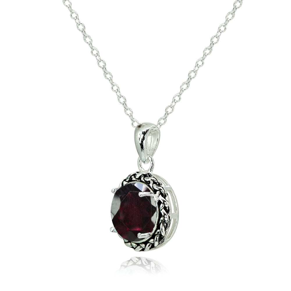 Sterling Silver Garnet Round Oxidized Rope Pendant Necklace-2
